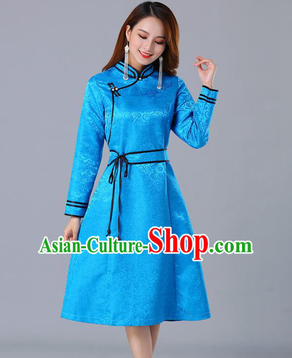 Chinese Traditional Mongol Ethnic Woman Informal Costume Mongolian Minority Garment Blue Brocade Dress