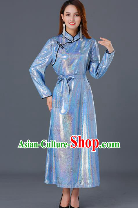 Chinese Traditional Mongolian Blue Dress Ethnic Woman Informal Costume Mongol Minority Garment