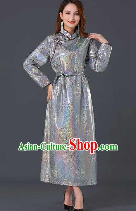 Chinese Traditional Mongolian Grey Dress Ethnic Woman Informal Costume Mongol Minority Garment