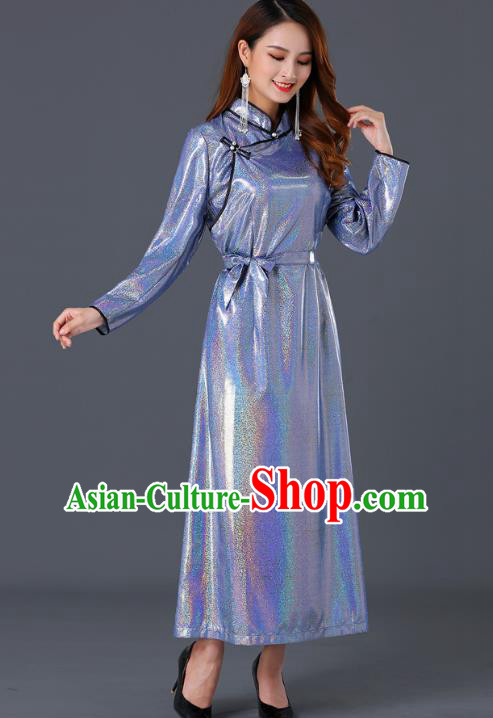 Chinese Traditional Mongolian Lilac Dress Ethnic Woman Informal Costume Mongol Minority Garment