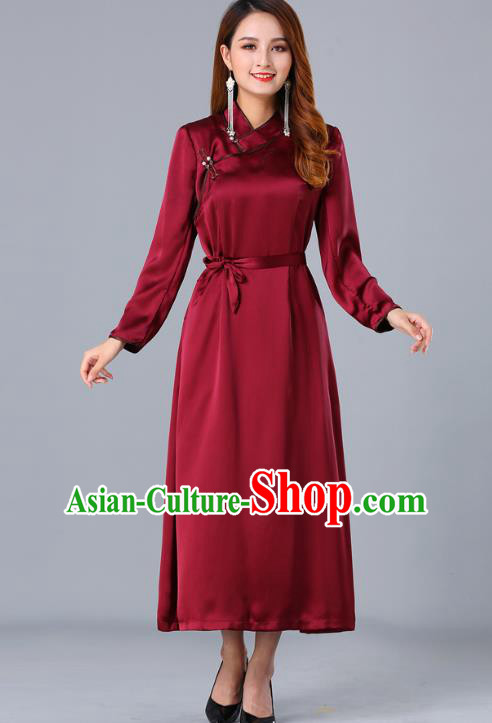 Chinese Traditional Mongolian Nationality Wine Red Satin Dress Ethnic Woman Informal Costume Mongol Minority Garment Apparels