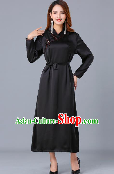 Chinese Traditional Mongolian Nationality Black Satin Dress Ethnic Woman Informal Costume Mongol Minority Garment Apparels