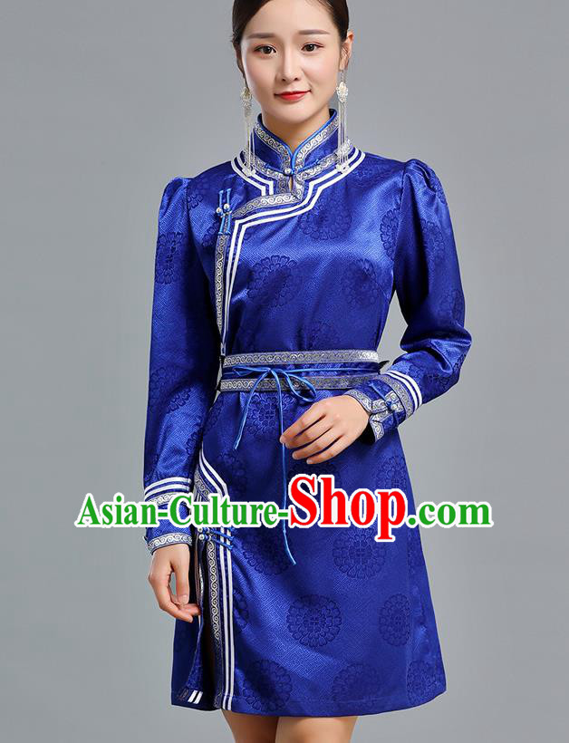 Traditional Chinese Mongolian Nationality Royalblue Brocade Short Dress Ethnic Informal Costume Mongol Minority Garment Woman Apparels