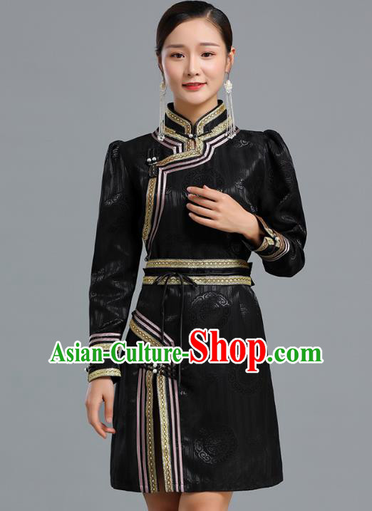 Traditional Chinese Mongolian Nationality Black Brocade Short Dress Ethnic Informal Costume Mongol Minority Garment Woman Apparels