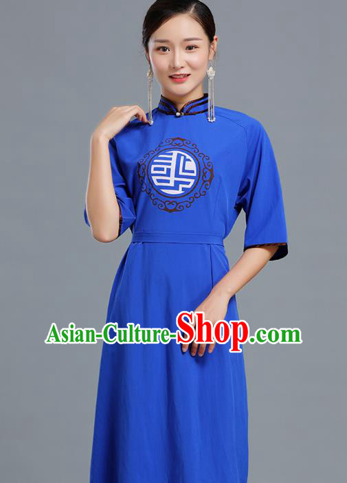 Traditional Chinese Woman Apparels Mongolian Nationality Royalblue Dress Ethnic Informal Costume Mongol Minority Garment