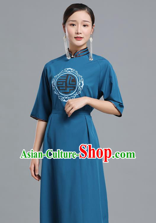 Traditional Chinese Woman Apparels Mongolian Nationality Teal Dress Ethnic Informal Costume Mongol Minority Garment