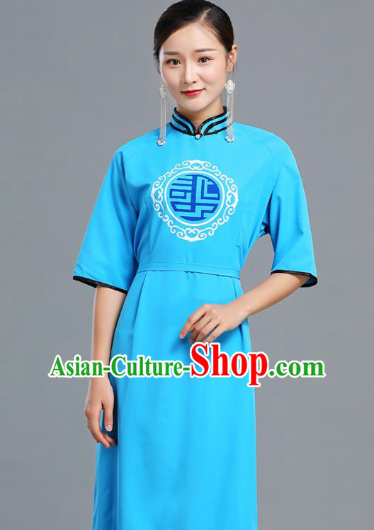 Traditional Chinese Woman Apparels Mongolian Nationality Blue Dress Ethnic Informal Costume Mongol Minority Garment