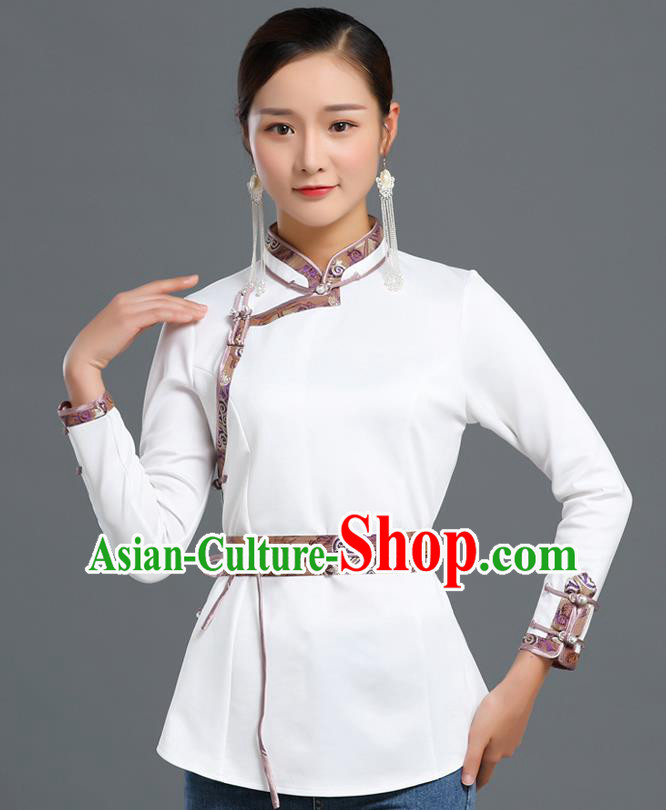 Traditional Chinese Ethnic White Blouse Woman Apparels Mongol Minority Upper Outer Garment Mongolian Nationality Informal Costume