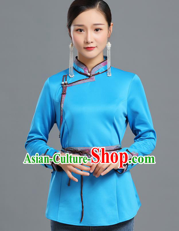 Traditional Chinese Ethnic Blue Blouse Woman Apparels Mongol Minority Upper Outer Garment Mongolian Nationality Informal Costume