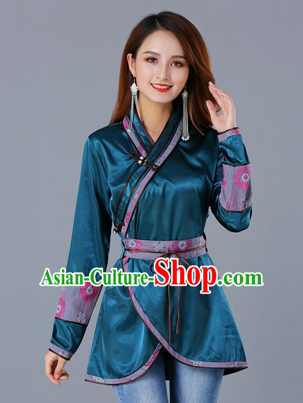 Traditional Chinese Ethnic Woman Dark Green Blouse Apparels Mongol Minority Upper Outer Garment Mongolian Nationality Informal Costume