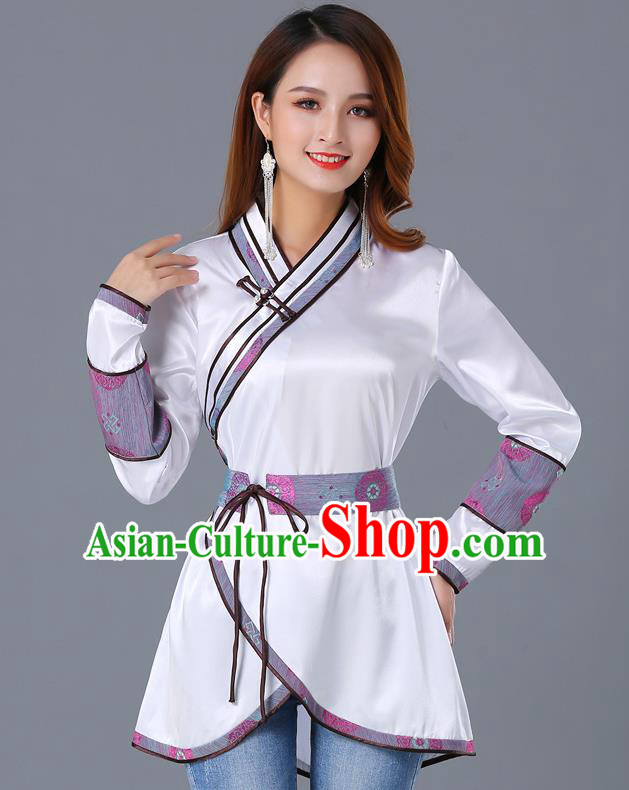 Traditional Chinese Ethnic Woman White Blouse Apparels Mongol Minority Upper Outer Garment Mongolian Nationality Informal Costume