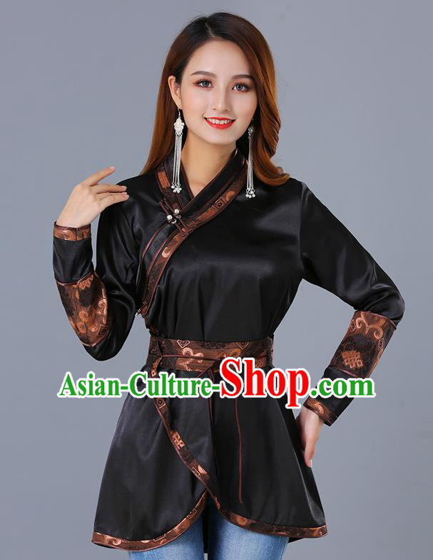 Traditional Chinese Ethnic Woman Black Blouse Apparels Mongol Minority Upper Outer Garment Mongolian Nationality Informal Costume