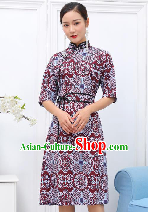 Traditional Chinese Ethnic Woman Wine Red Dress Mongol Minority Garment Costume Mongolian Nationality Informal Apparels