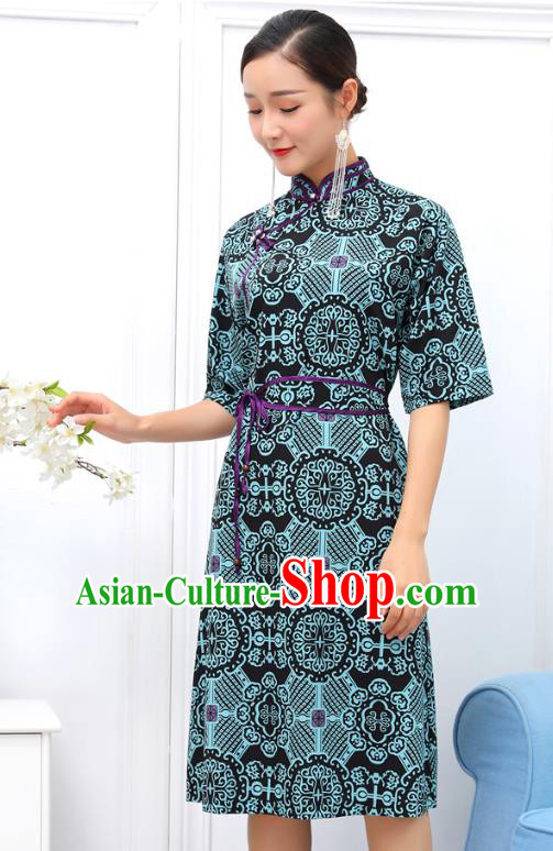 Traditional Chinese Ethnic Woman Green Dress Mongol Minority Garment Costume Mongolian Nationality Informal Apparels