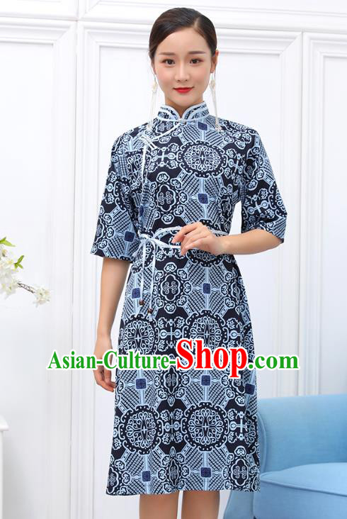 Traditional Chinese Ethnic Woman Blue Dress Mongol Minority Garment Costume Mongolian Nationality Informal Apparels