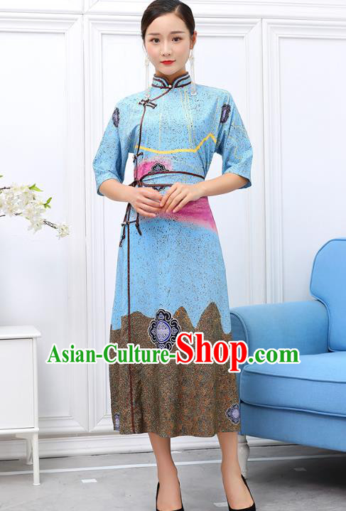 Traditional Chinese Ethnic Blue Chiffon Dress Mongol Minority Garment Costume Mongolian Nationality Informal Apparels for Woman