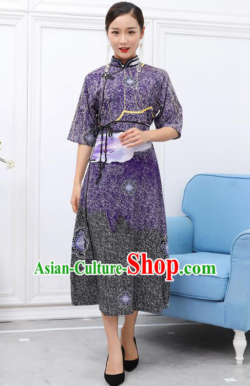 Traditional Chinese Ethnic Purple Chiffon Dress Mongol Minority Garment Costume Mongolian Nationality Informal Apparels for Woman