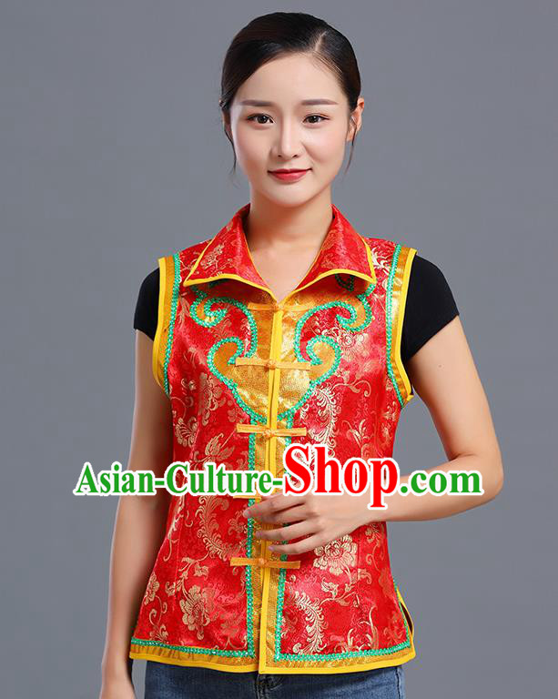 Traditional Chinese Mongol Ethnic Red Brocade Vest Minority Garment Costume Mongolian Nationality Informal Waistcoat Apparels for Woman