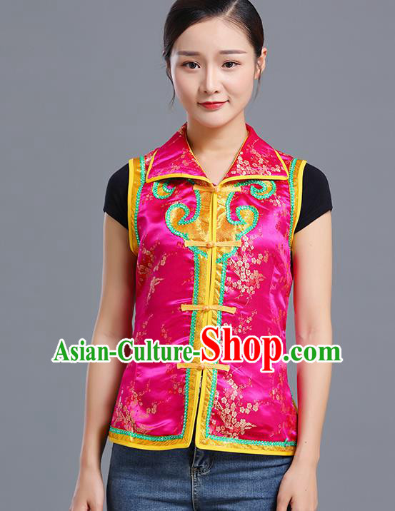 Traditional Chinese Mongol Ethnic Rosy Brocade Vest Minority Garment Costume Mongolian Nationality Informal Waistcoat Apparels for Woman