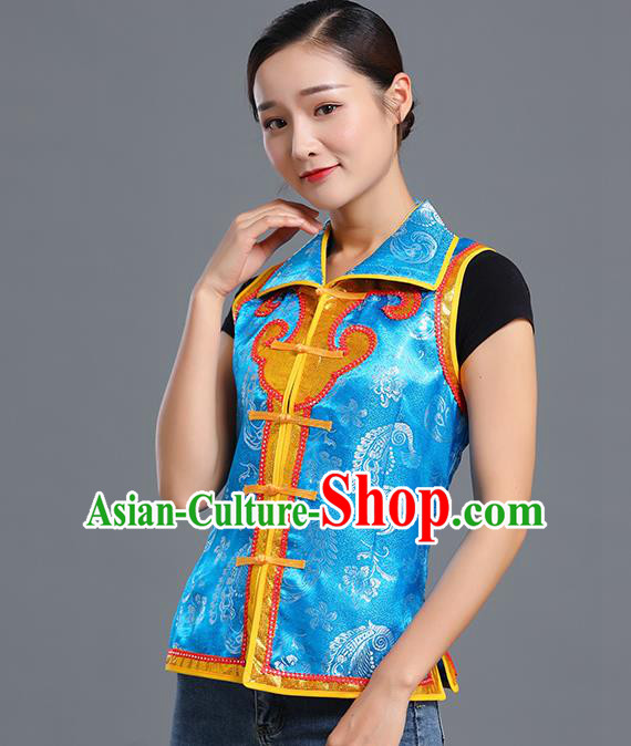 Traditional Chinese Mongol Ethnic Blue Brocade Vest Minority Garment Costume Mongolian Nationality Informal Waistcoat Apparels for Woman