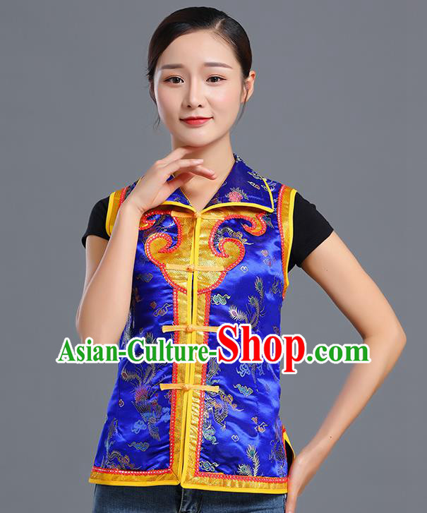 Traditional Chinese Mongol Ethnic Royalblue Brocade Vest Minority Garment Costume Mongolian Nationality Informal Waistcoat Apparels for Woman