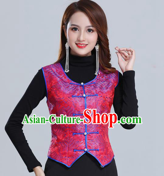 Traditional Chinese Tang Suit Red Brocade Vest Mongol Ethnic Minority Garment Mongolian Nationality Waistcoat Apparels Costume for Woman