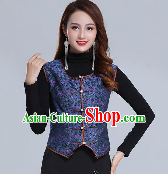 Traditional Chinese Tang Suit Navy Brocade Vest Mongol Ethnic Minority Garment Mongolian Nationality Waistcoat Apparels Costume for Woman