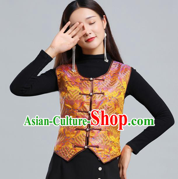 Traditional Chinese Tang Suit Golden Brocade Vest Mongol Ethnic Minority Garment Mongolian Nationality Waistcoat Apparels Costume for Woman