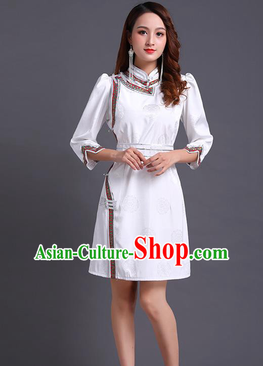 Traditional Chinese Ethnic Costume Mongol Minority White Dress Garment Mongolian Nationality Apparels for Woman