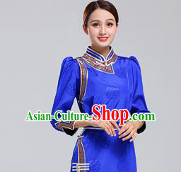 Traditional Chinese Ethnic Costume Mongol Minority Royalblue Dress Garment Mongolian Nationality Apparels for Woman