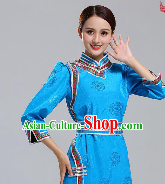 Traditional Chinese Ethnic Costume Mongol Minority Blue Dress Garment Mongolian Nationality Apparels for Woman