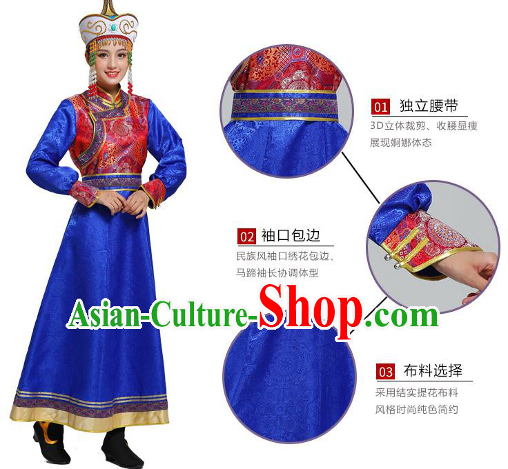 Traditional Chinese Ethnic Folk Dance Costume Mongol Minority Royalblue Dress Garment Mongolian Nationality Women Apparels