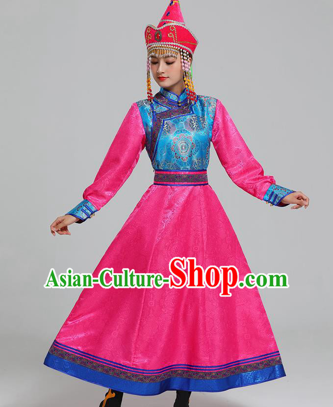 Traditional Chinese Ethnic Folk Dance Costume Mongol Minority Rosy Dress Garment Mongolian Nationality Women Apparels