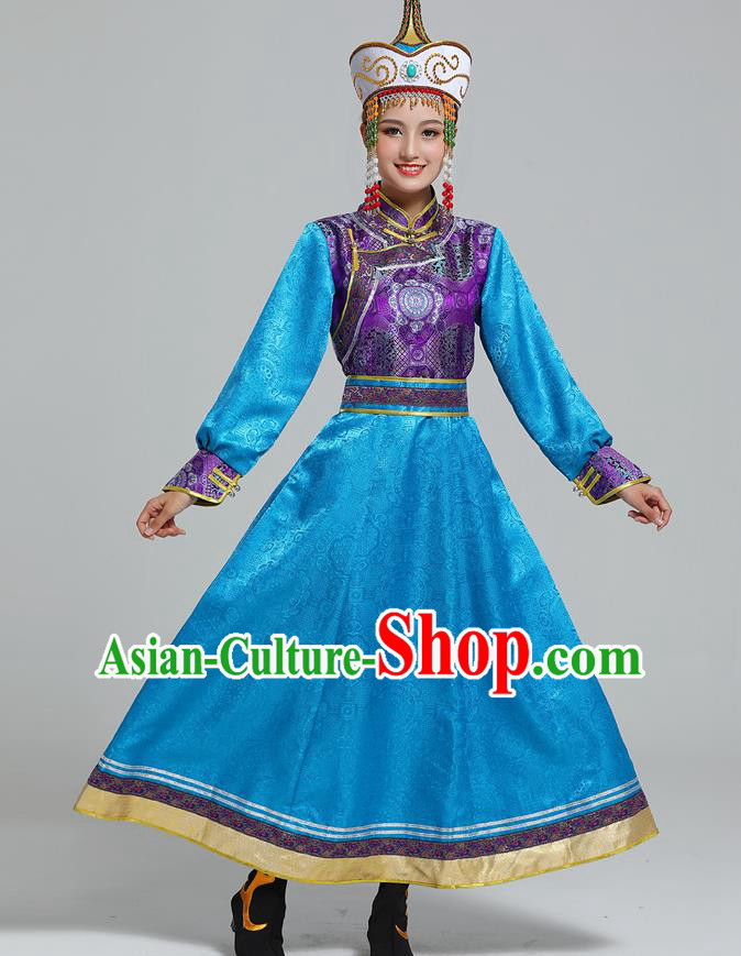 Traditional Chinese Ethnic Folk Dance Costume Mongol Minority Blue Dress Garment Mongolian Nationality Women Apparels