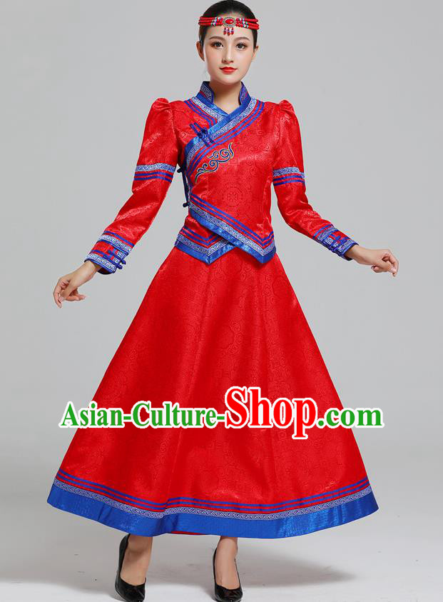 Traditional Chinese Mongol Minority Ethnic Costume Garment Mongolian Nationality Women Folk Dance Apparels Red Blouse and Skirt