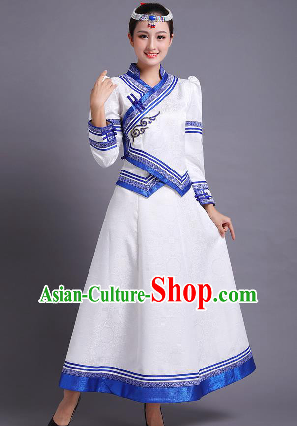 Traditional Chinese Mongol Minority Ethnic Costume Garment Mongolian Nationality Women Folk Dance Apparels White Blouse and Skirt