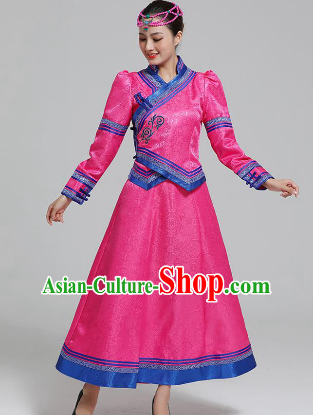 Traditional Chinese Mongol Minority Ethnic Costume Garment Mongolian Nationality Women Folk Dance Apparels Rosy Blouse and Skirt