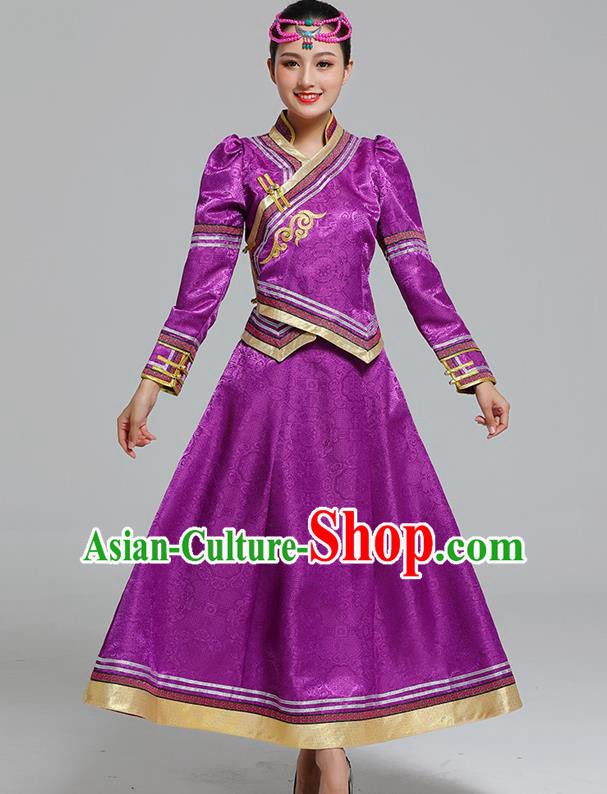 Traditional Chinese Mongol Minority Ethnic Costume Garment Mongolian Nationality Women Folk Dance Apparels Purple Blouse and Skirt