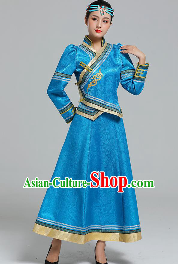 Traditional Chinese Mongol Minority Ethnic Costume Garment Mongolian Nationality Women Folk Dance Apparels Blue Blouse and Skirt