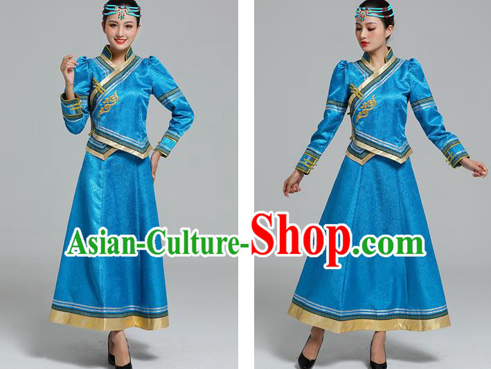 Traditional Chinese Mongol Minority Ethnic Costume Garment Mongolian Nationality Women Folk Dance Apparels Blue Blouse and Skirt