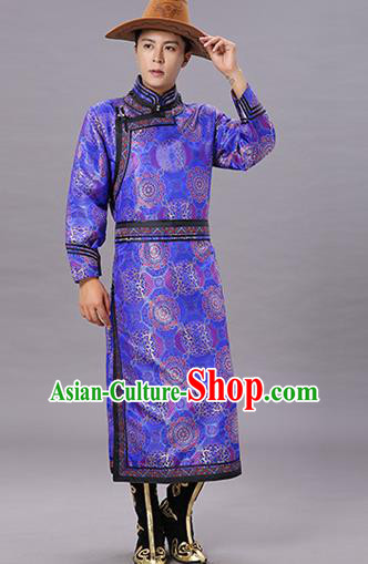 Chinese Traditional Ethnic Dance Garment Mongol Minority Costume Royalblue Brocade Mongolian Robe for Men