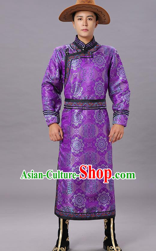 Chinese Traditional Ethnic Dance Garment Mongol Minority Costume Purple Brocade Mongolian Robe for Men