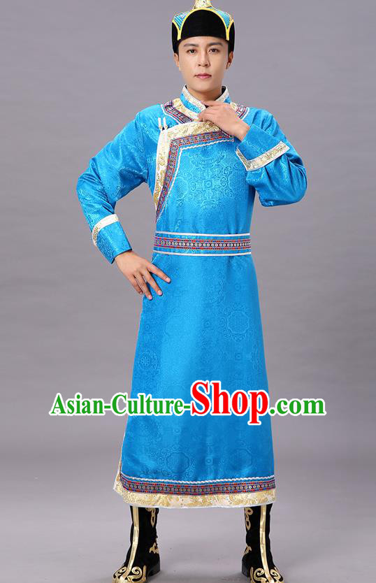 Chinese Traditional Ethnic Blue Brocade Mongolian Robe Dance Garment Mongol Minority Costume for Men