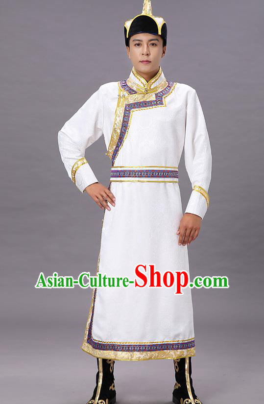 Chinese Traditional Ethnic White Brocade Mongolian Robe Dance Garment Mongol Minority Costume for Men