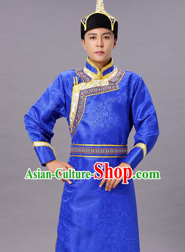 Chinese Traditional Ethnic Royalblue Brocade Mongolian Robe Dance Garment Mongol Minority Costume for Men