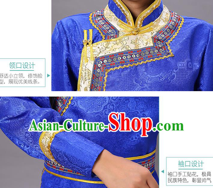 Chinese Traditional Ethnic Royalblue Brocade Mongolian Robe Dance Garment Mongol Minority Costume for Men