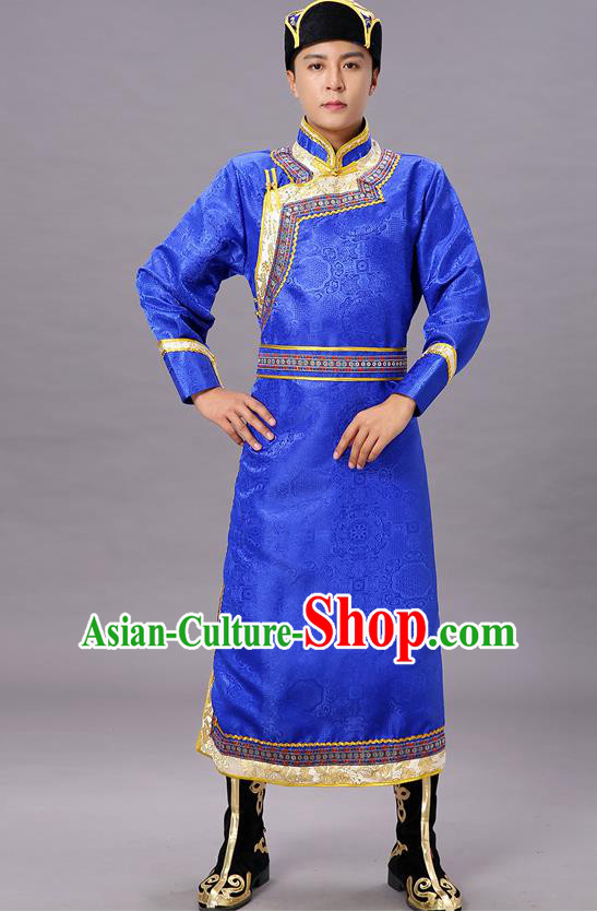 Chinese Traditional Ethnic Royalblue Brocade Mongolian Robe Dance Garment Mongol Minority Costume for Men
