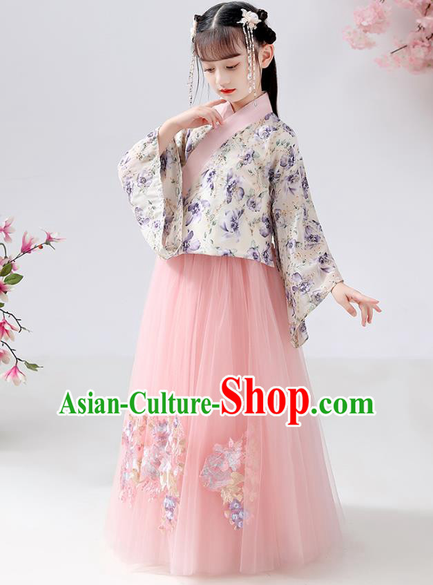 Chinese Ancient Children Costumes Traditional Hanfu Ming Dynasty Girls Printing Blouse and Pink Skirt for Kids