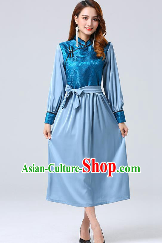Traditional Chinese Mongol Minority Ethnic Costume Garment Mongolian Nationality Women Blue Dress Apparels