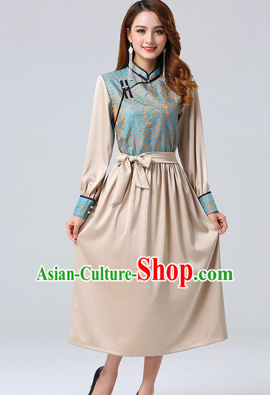 Traditional Chinese Mongol Minority Ethnic Costume Garment Mongolian Nationality Women Champagne Dress Apparels